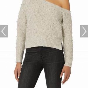 Michelle Mason pearl embellished off the shoulder sweater.